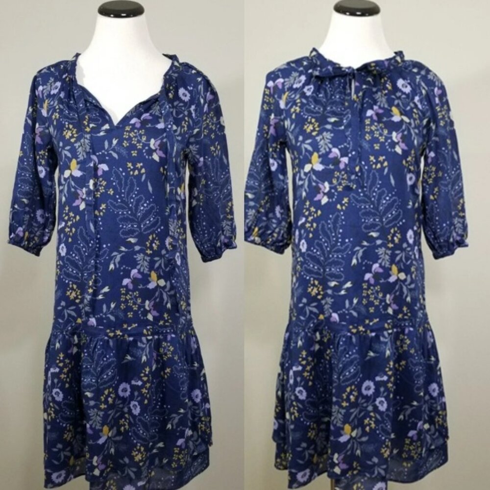 Gap Blue Floral Cotton Voile Dropped Waist Dress XS Whimsigoth Boho Tiered Lined